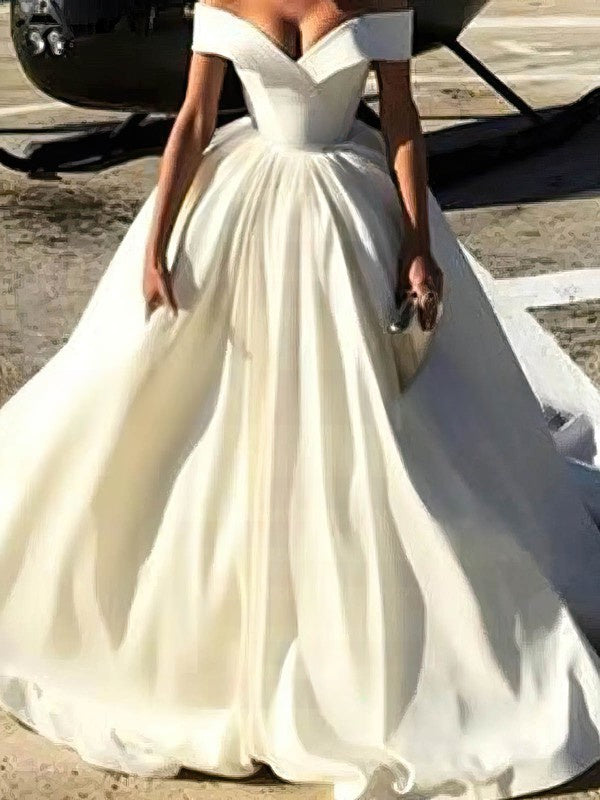 Charming Off-The-Shoulder V-Neck A-Line Satin Wedding Dresses