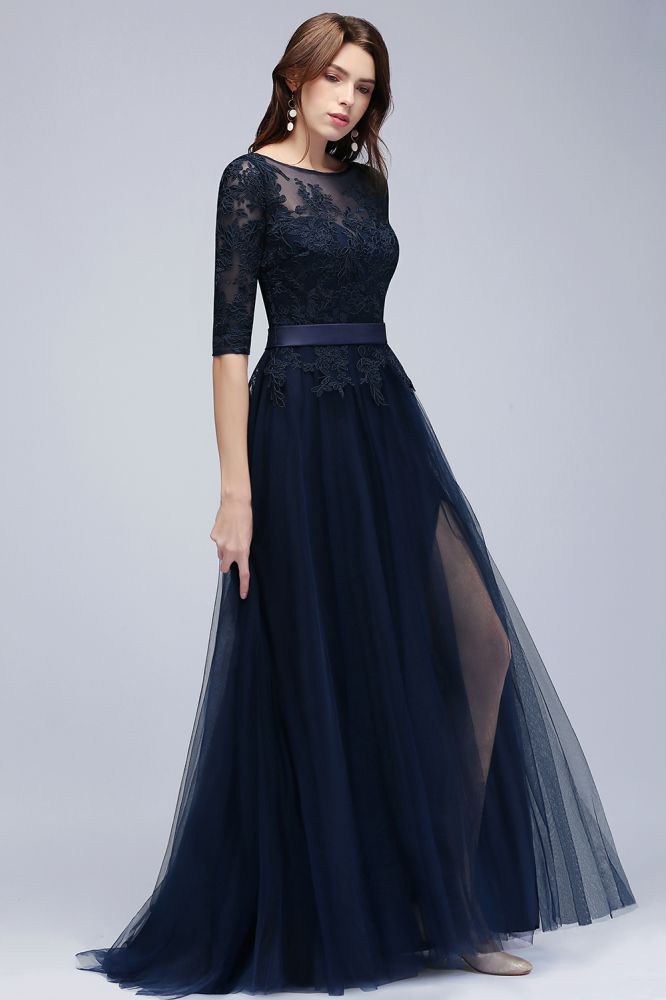 Amazing A-Line Half Sleeves Appliqued Tulle Floor Length Prom Dresses With Slit