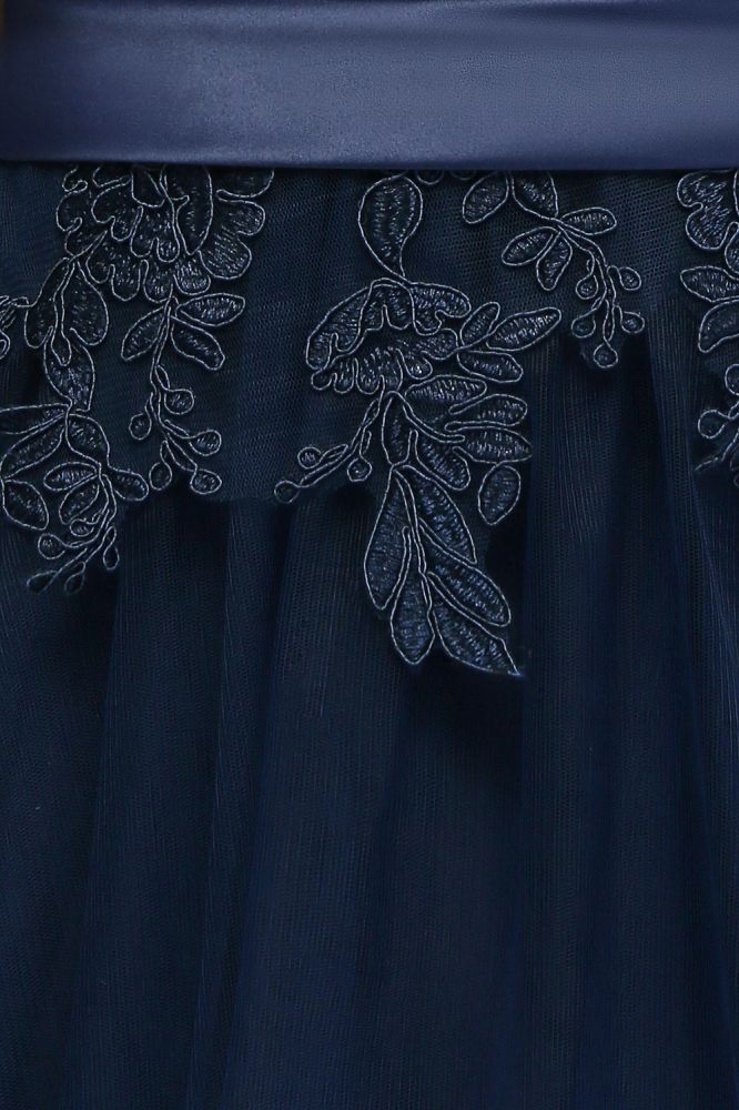 Amazing A-Line Half Sleeves Appliqued Tulle Floor Length Prom Dresses With Slit
