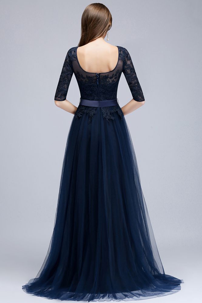 Amazing A-Line Half Sleeves Appliqued Tulle Floor Length Prom Dresses With Slit
