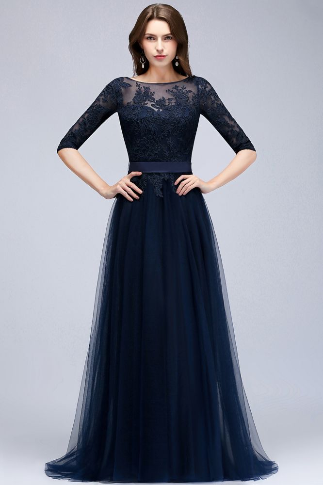 Amazing A-Line Half Sleeves Appliqued Tulle Floor Length Prom Dresses With Slit
