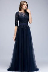 Amazing A-Line Half Sleeves Appliqued Tulle Floor Length Prom Dresses With Slit