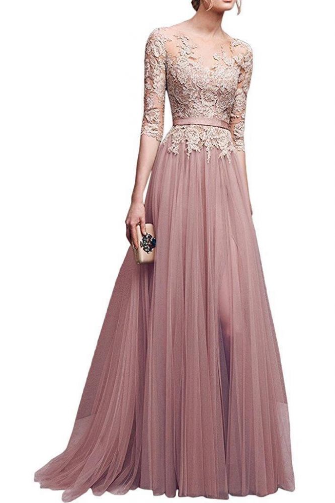 Amazing A-Line Half Sleeves Appliqued Tulle Floor Length Prom Dresses With Slit