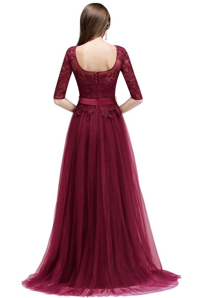 Amazing A-Line Half Sleeves Appliqued Tulle Floor Length Prom Dresses With Slit