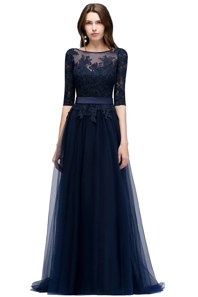 Amazing A-Line Half Sleeves Appliqued Tulle Floor Length Prom Dresses With Slit