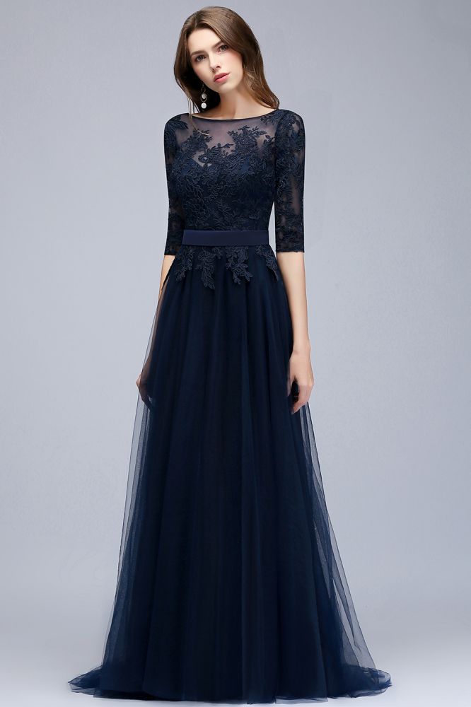 Amazing A-Line Half Sleeves Appliqued Tulle Floor Length Prom Dresses With Slit