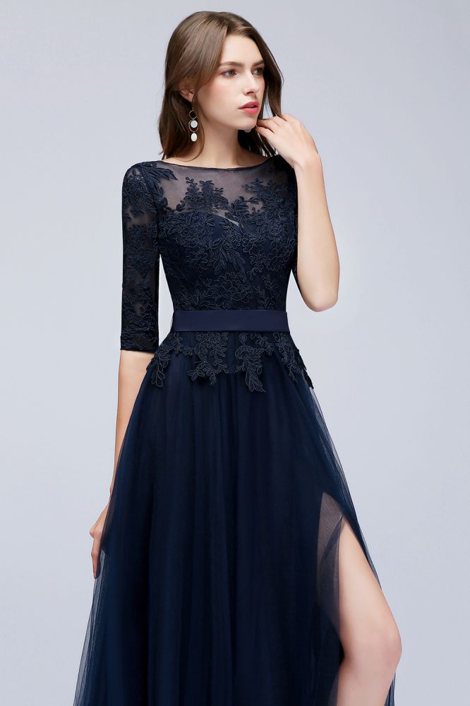 Amazing A-Line Half Sleeves Appliqued Tulle Floor Length Prom Dresses With Slit
