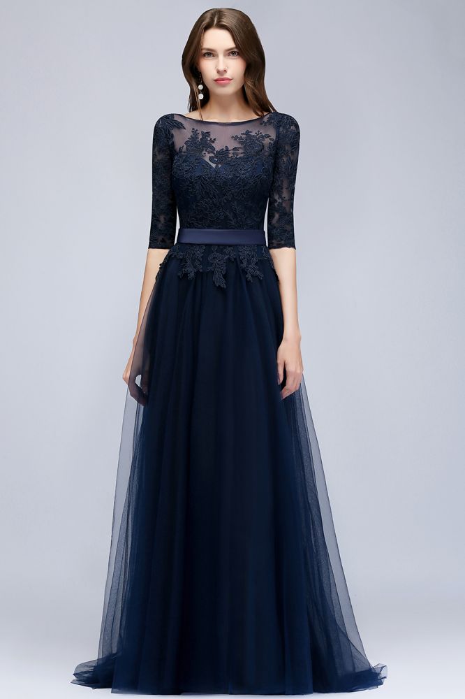 Amazing A-Line Half Sleeves Appliqued Tulle Floor Length Prom Dresses With Slit