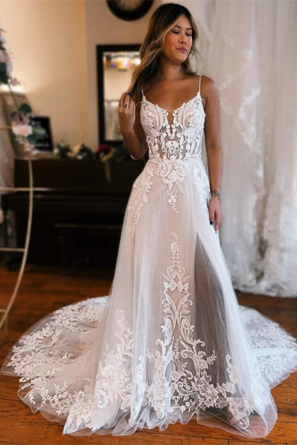 Beautiful A-line Spaghetti Straps Lace Sleeveless White Wedding dresses With Split Front