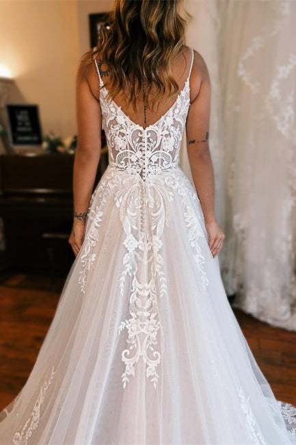 Beautiful A-line Spaghetti Straps Lace Sleeveless White Wedding dresses With Split Front