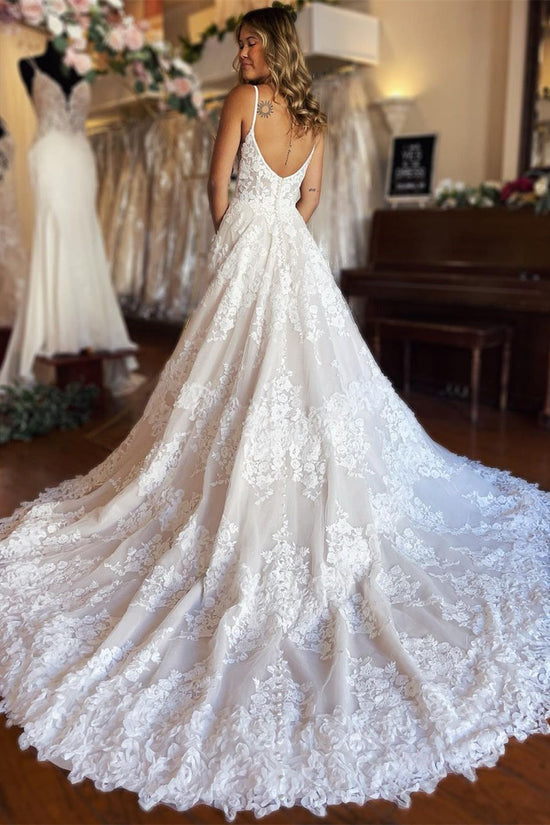 Beautiful A-line Spaghetti Straps V-nice Lace Long Wedding Dress With Split