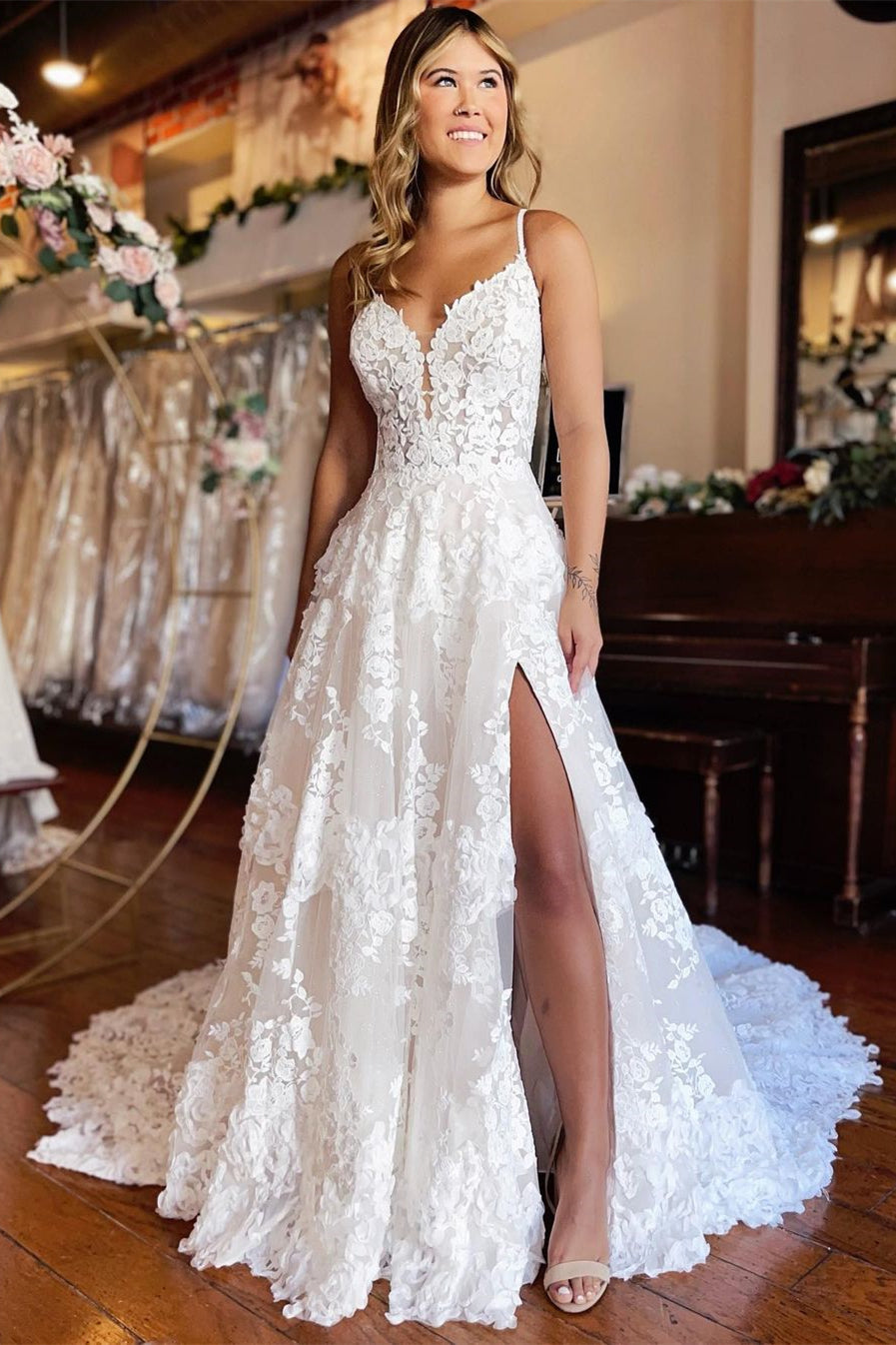 Beautiful A-line Spaghetti Straps V-nice Lace Long Wedding Dress With Split