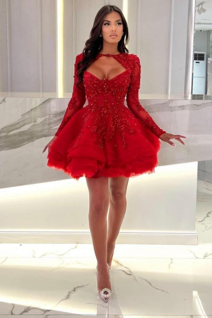 Charming A-Line Long Sleeves Ruffles Red Prom Dresses with Appliques