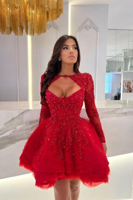 Charming A-Line Long Sleeves Ruffles Red Prom Dresses with Appliques