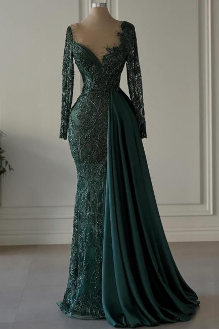 Elegant Mermaid V-neck Lace Dark Green Prom Dresses with Long Sleeves