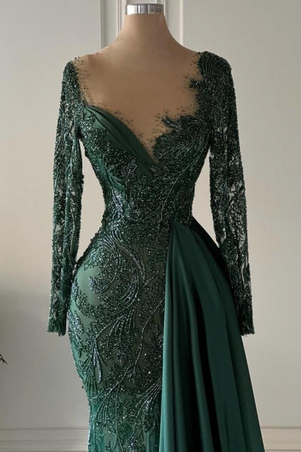 Elegant Mermaid V-neck Lace Dark Green Prom Dresses with Long Sleeves