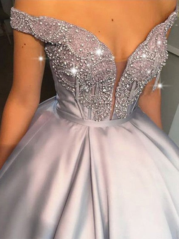 Elegant Off-the-Shoulder Satin Sleeveless Floor-Length Prom Dresses With Ball Gown Beading