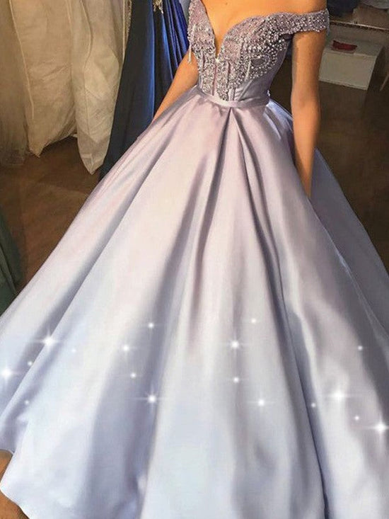 Elegant Off-the-Shoulder Satin Sleeveless Floor-Length Prom Dresses With Ball Gown Beading