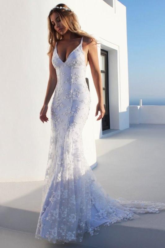 Stunning Mermaid White V-Neck Bridal Dresses Backless Lace Wedding Dresses