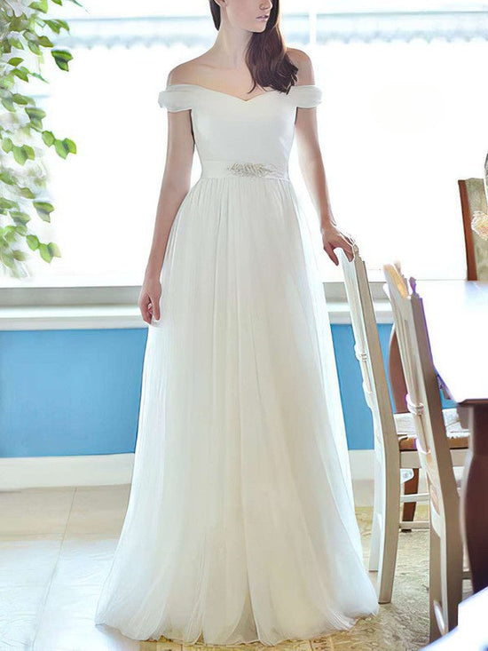 Off-the-shoulder Ball Gown Wedding Dress with Tulle & Beading