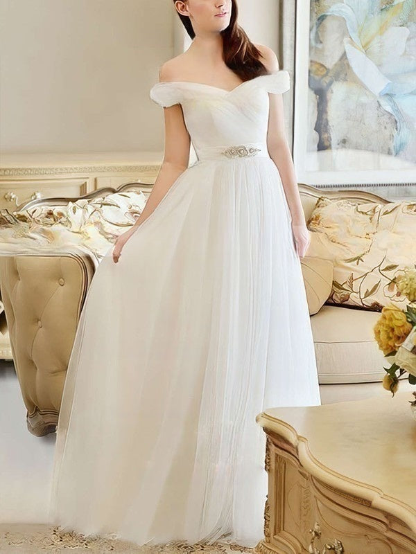 Off-the-shoulder Ball Gown Wedding Dress with Tulle & Beading