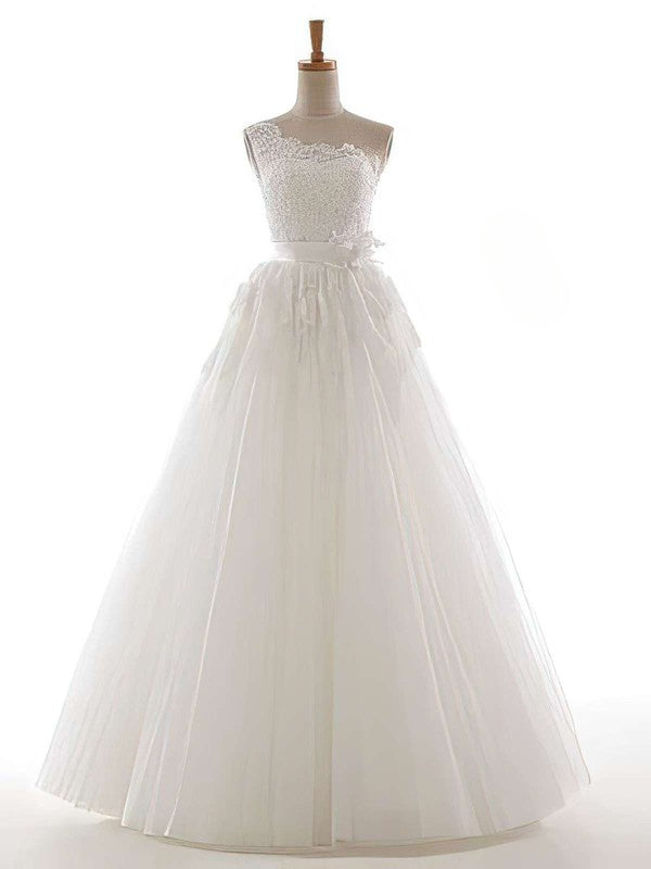 One Shoulder Tulle Ball Gown Wedding Dress With Appliques Lace