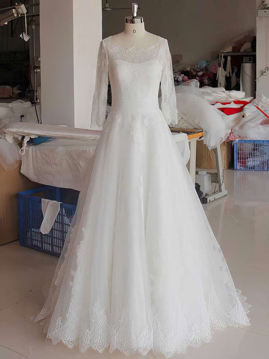 Lace Appliques Ball Gown Wedding Dresses With Illusion Tulle Sweep Train