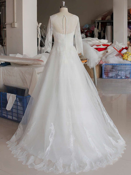 Lace Appliques Ball Gown Wedding Dresses With Illusion Tulle Sweep Train