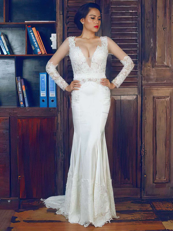 Gorgeous Trumpet/Mermaid V-neck Satin Wedding Dress With Beading and Sweep Train