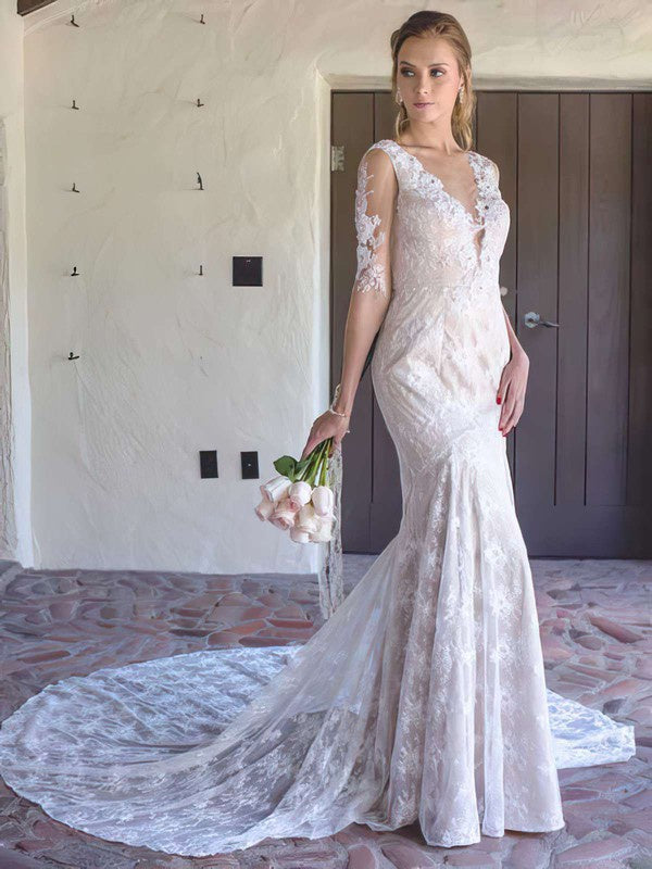 V-Neck Lace Court Train Wedding Dress for a Trumpet/Mermaid Look