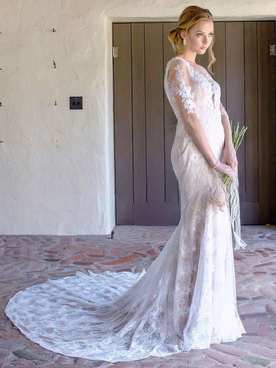 V-Neck Lace Court Train Wedding Dress for a Trumpet/Mermaid Look