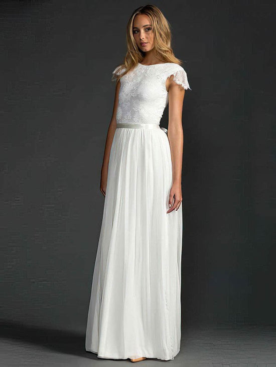 A-line Scoop Neck Lace Chiffon Floor-length Wedding Dresses With Sashes / Ribbons