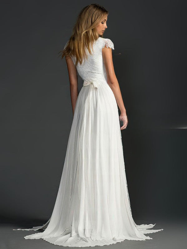 A-line Scoop Neck Lace Chiffon Floor-length Wedding Dresses With Sashes / Ribbons