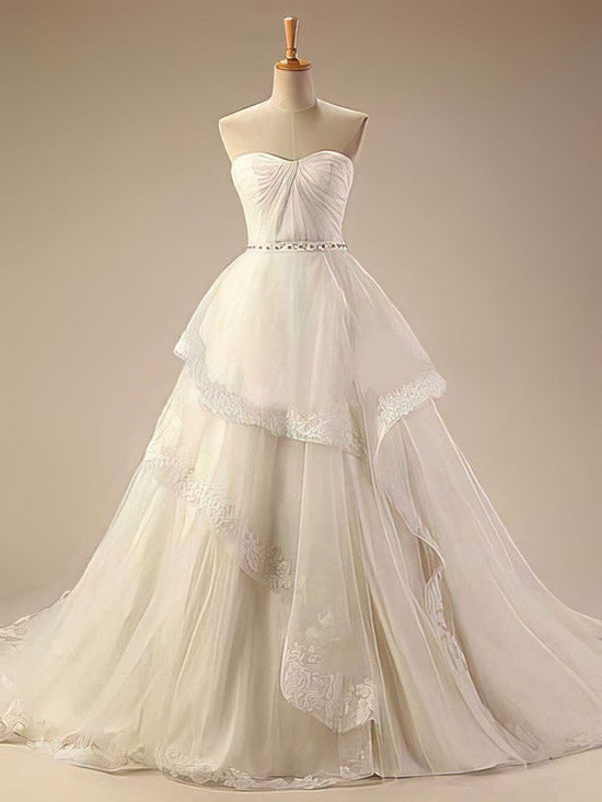 Ball Gown Sweetheart Tulle Chapel Train Wedding Dress with Beading