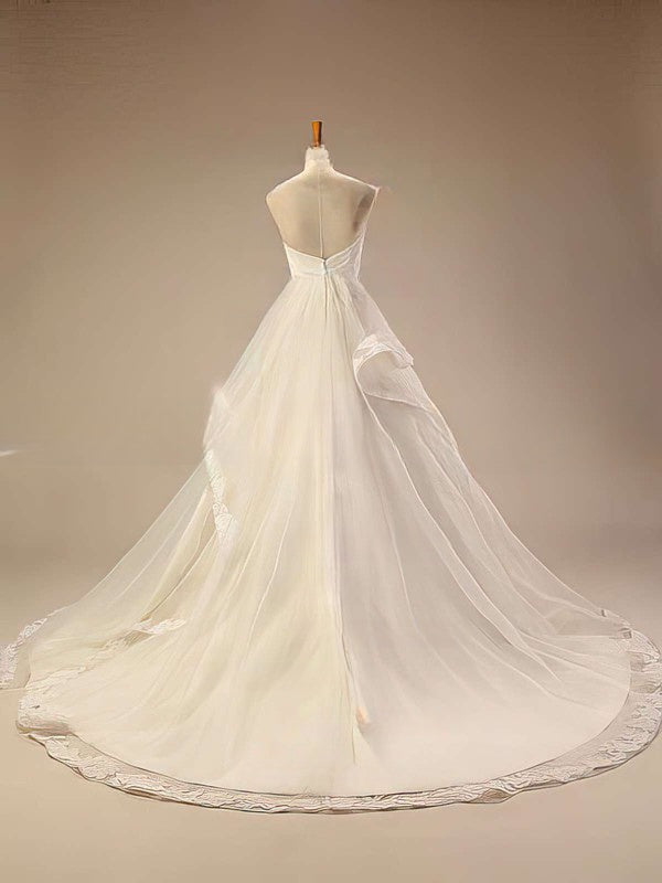 Ball Gown Sweetheart Tulle Chapel Train Wedding Dress with Beading