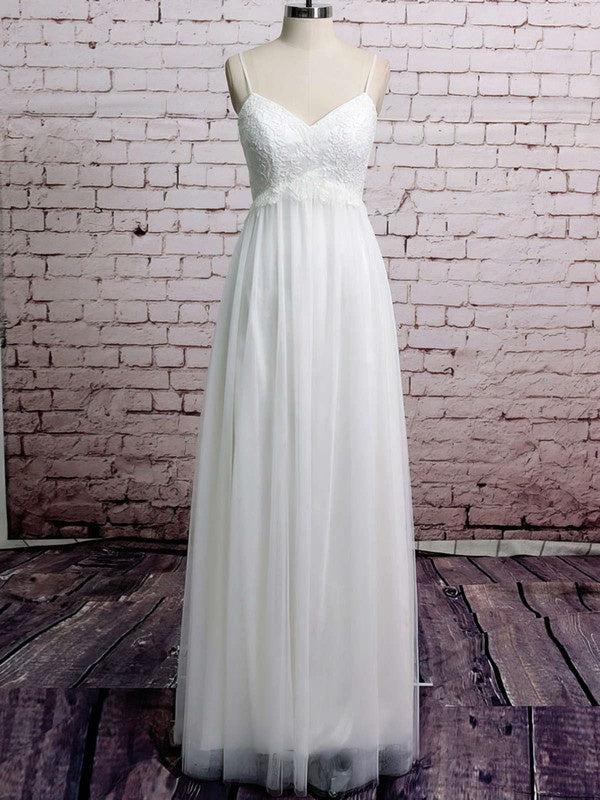 A-line V-neck Tulle Floor-length Wedding Dress with Appliques Lace