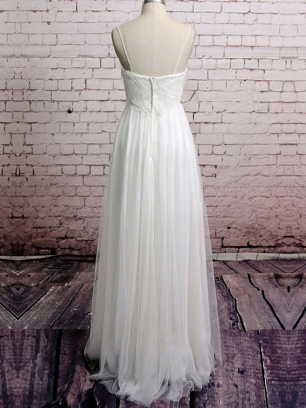 A-line V-neck Tulle Floor-length Wedding Dress with Appliques Lace