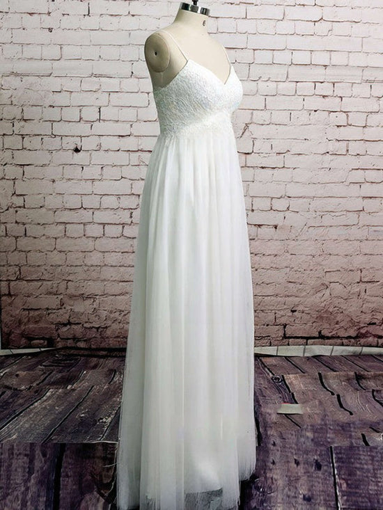 A-line V-neck Tulle Floor-length Wedding Dress with Appliques Lace