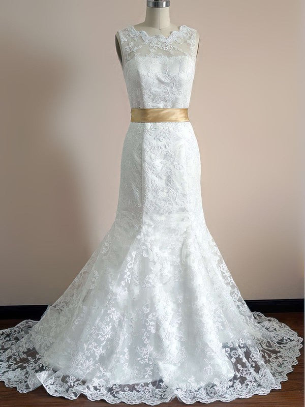 Trumpet / Mermaid Illusion Lace Court Train Wedding Dress with Sashes / Ribbons