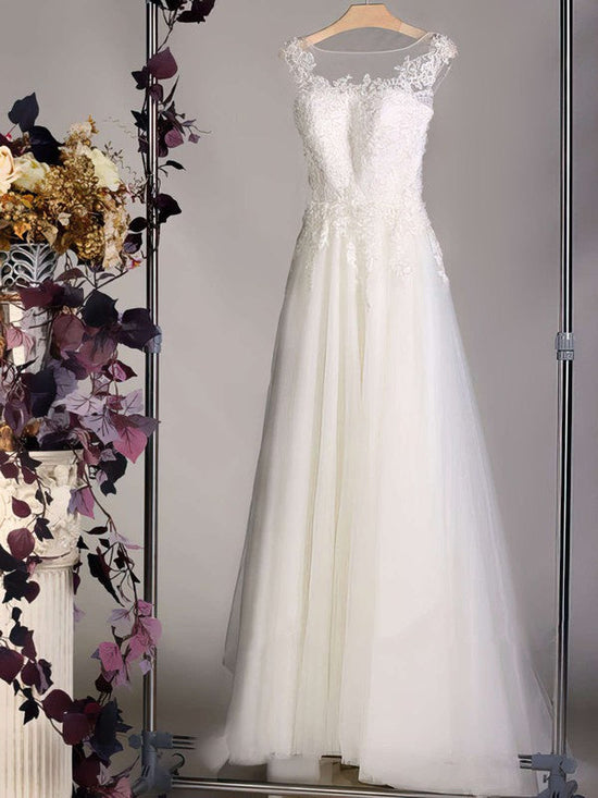 Elegant Ball Gown Illusion Tulle Wedding Dress with Appliques Lace