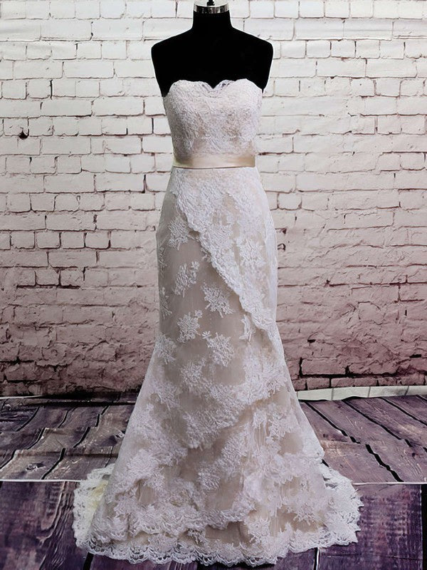 Lace Court Train Wedding Dress with Sashes/Ribbons - Trumpet/Mermaid Sweetheart Style