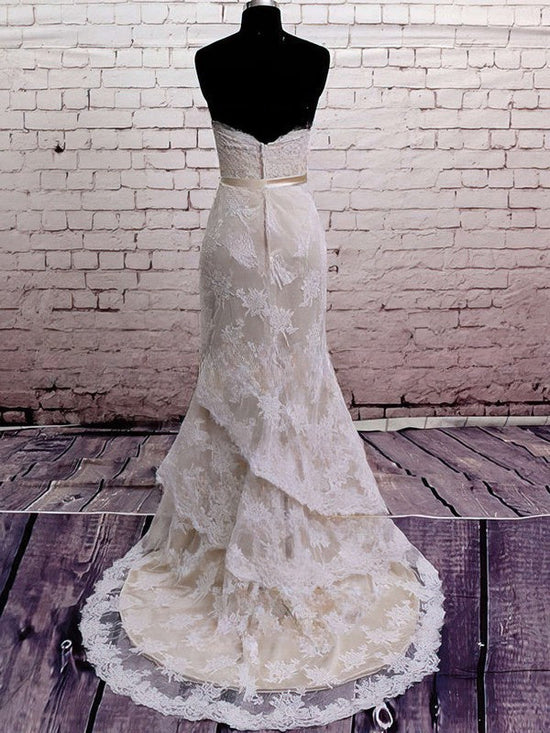 Lace Court Train Wedding Dress with Sashes/Ribbons - Trumpet/Mermaid Sweetheart Style