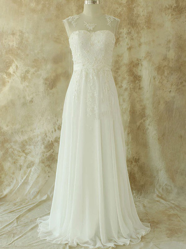 A-line Illusion Chiffon Sweep Train Wedding Dress With Appliques Lace