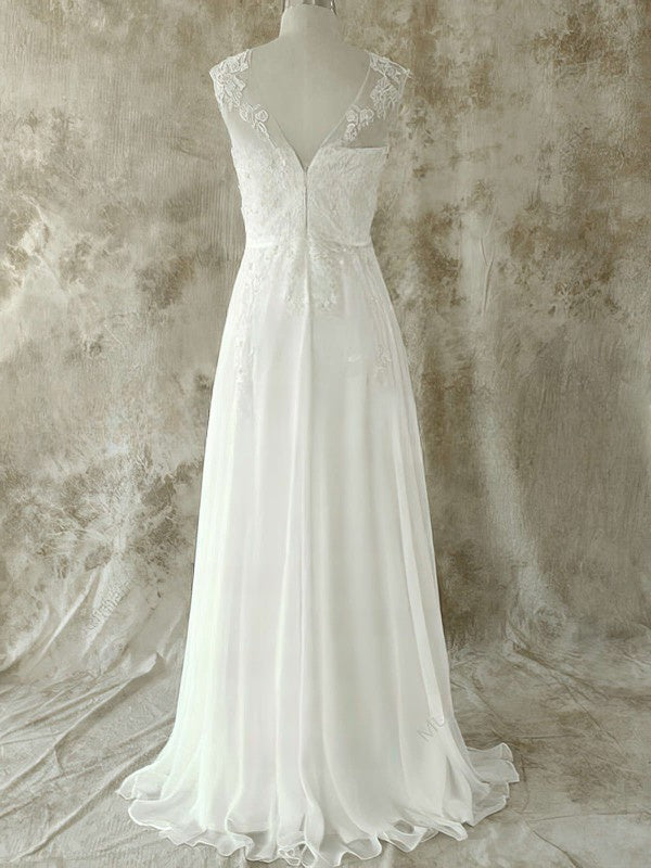 A-line Illusion Chiffon Sweep Train Wedding Dress With Appliques Lace