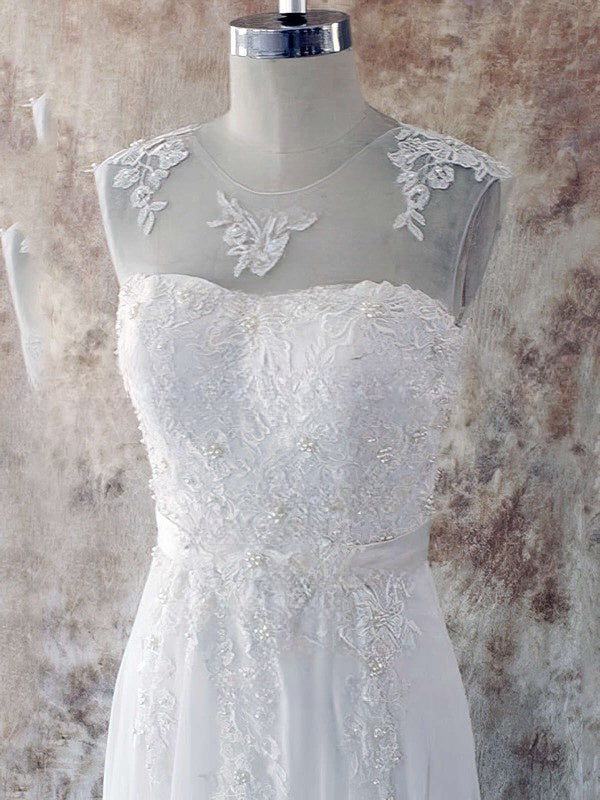 A-line Illusion Chiffon Sweep Train Wedding Dress With Appliques Lace