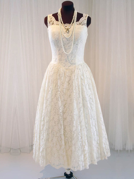 A-line Illusion Lace Tea-length Wedding Dresses