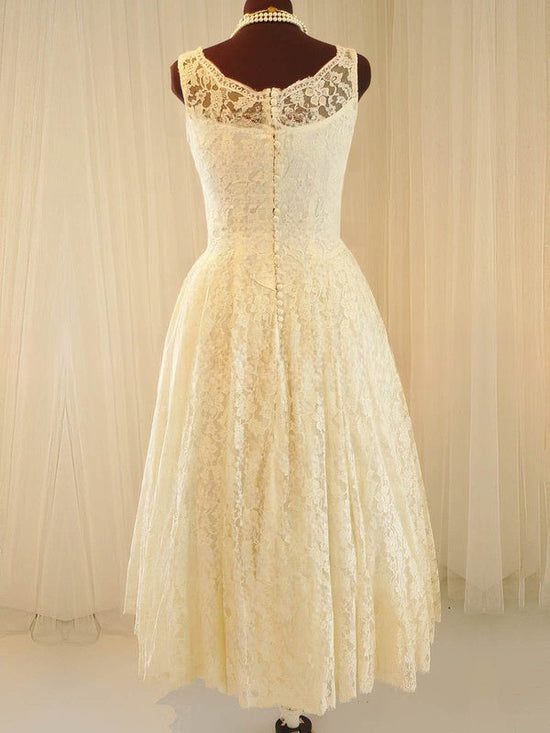 A-line Illusion Lace Tea-length Wedding Dresses