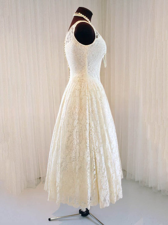 A-line Illusion Lace Tea-length Wedding Dresses