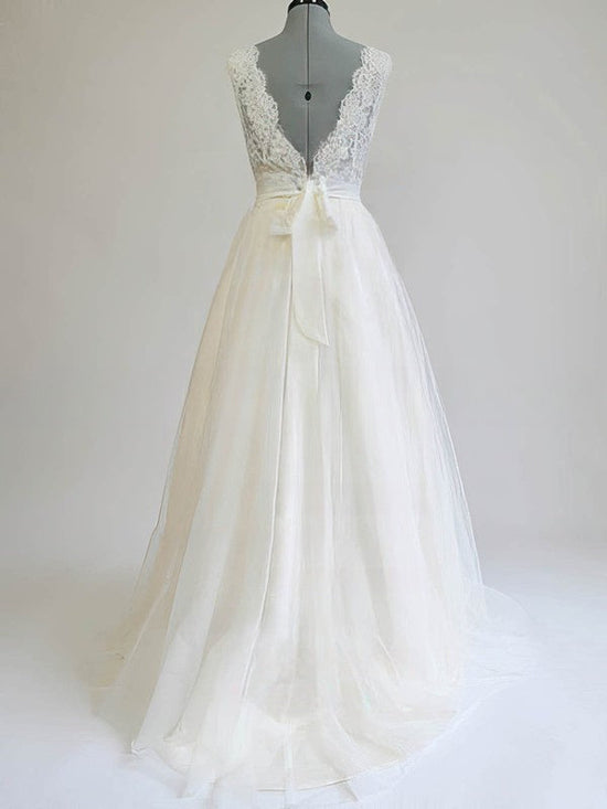 Lace Embellished Ball Gown Illusion Tulle Sweep Train Wedding Dress