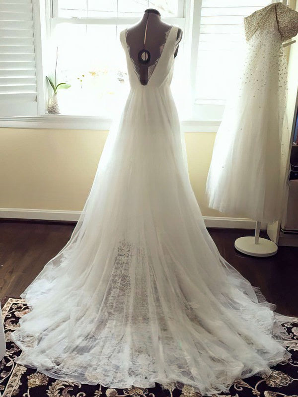 V-neck Lace Tulle Ball Gown Wedding Dress with Sashes/Ribbons